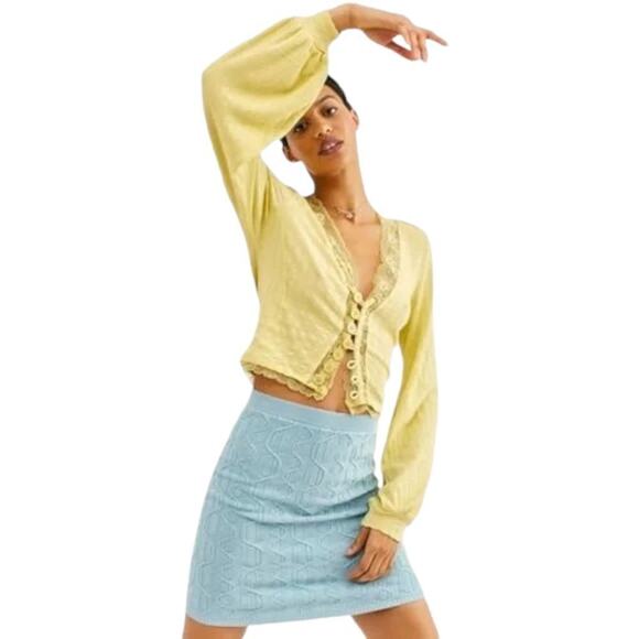 Free People Yellow Balloon Sleeve V-Neck Cotton Blend Cropped Cardigan Size XS - Picture 1 of 10
